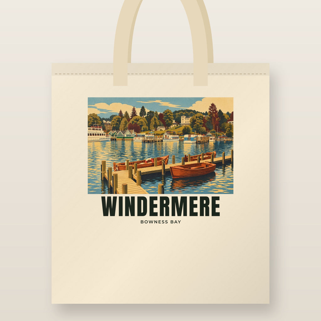 Bowness Bay, Windermere Tote Bag: natural cotton tote printed with our drawing of Bowness Bay and the name WINDERMERE