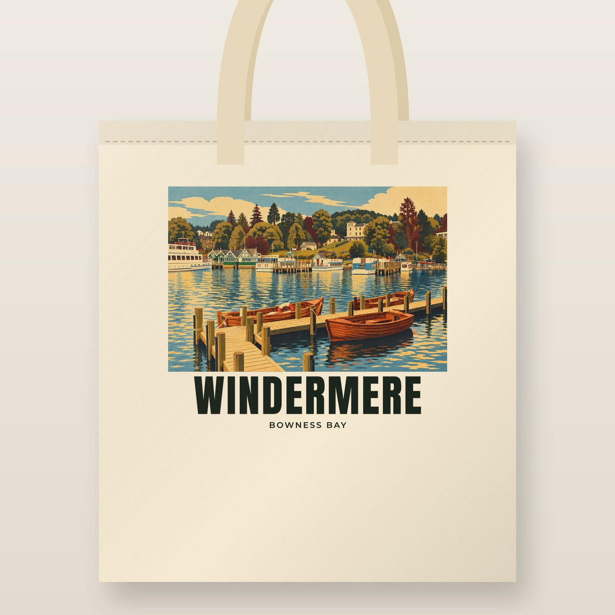 Bowness Bay, Windermere Tote Bag: natural cotton tote printed with our drawing of Bowness Bay and the name WINDERMERE