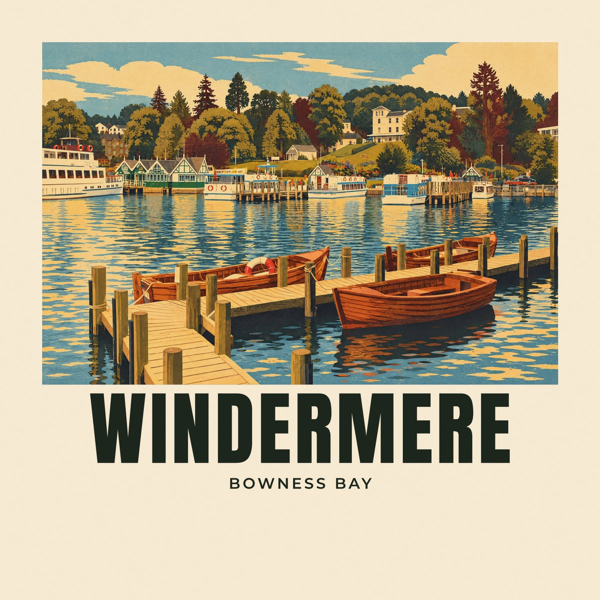 The printed design on the Bowness Bay, Windermere tote, close up