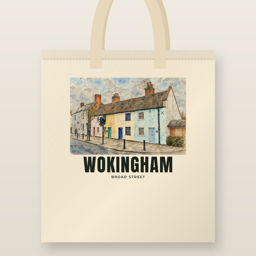 Broad Street, Wokingham Tote Bag: natural cotton tote printed with our drawing of Broad Street and the name WOKINGHAM