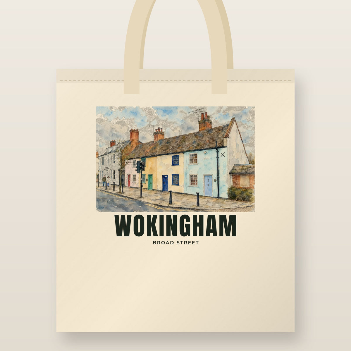 Broad Street, Wokingham Tote Bag: natural cotton tote printed with our drawing of Broad Street and the name WOKINGHAM