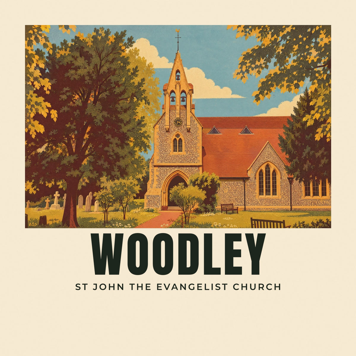 The printed design on the St John the Evangelist Church, Woodley tote, close up