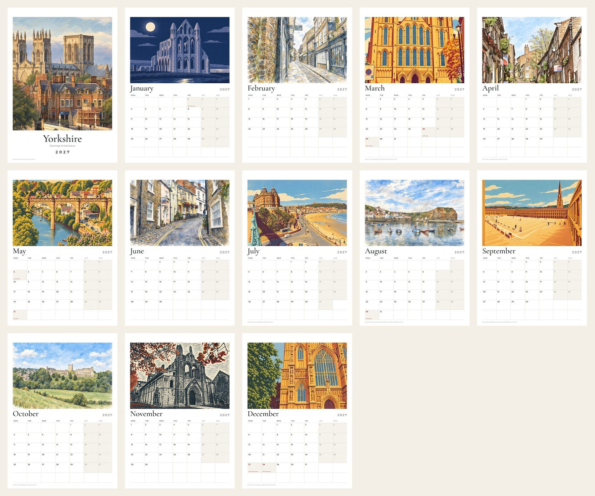 All thirteen pages of the Yorkshire 2027 calendar: the cover and twelve drawings