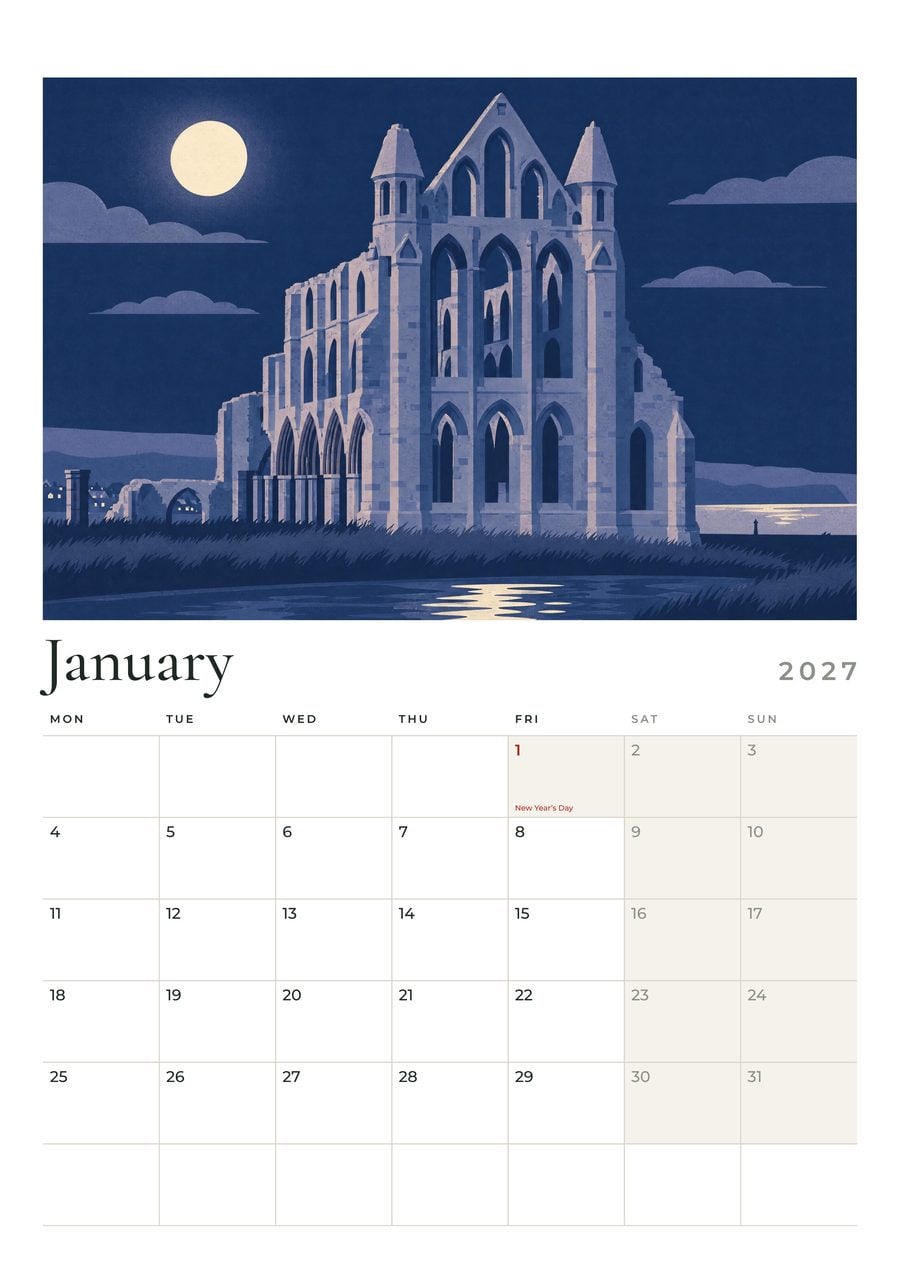 A month page from the Yorkshire calendar: Whitby Abbey above January 2027
