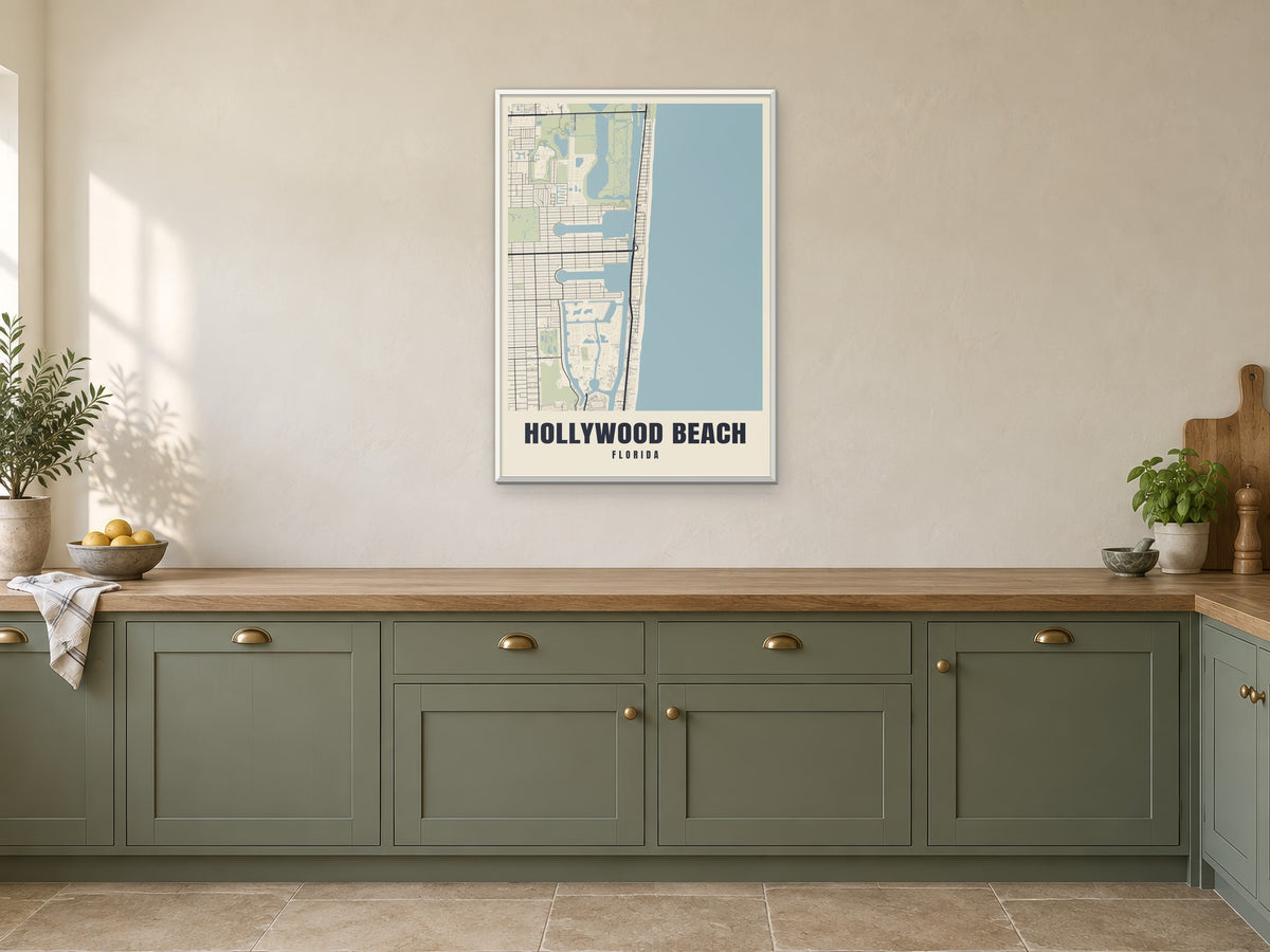 Hollywood Beach Street Map Poster at A1, in a white frame, in a kitchen