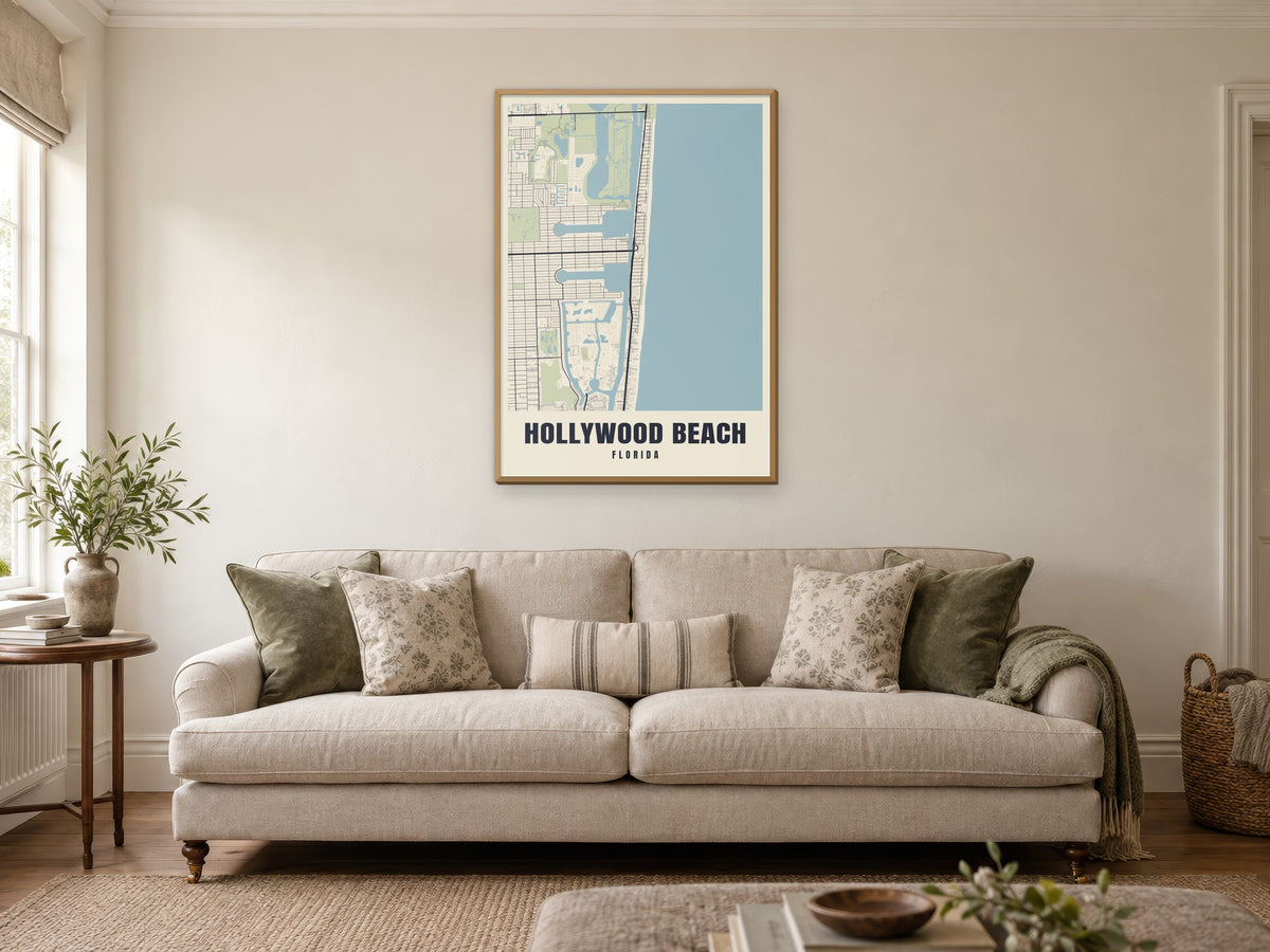 Hollywood Beach Street Map Poster at A1, in a natural wood frame, in a sitting room