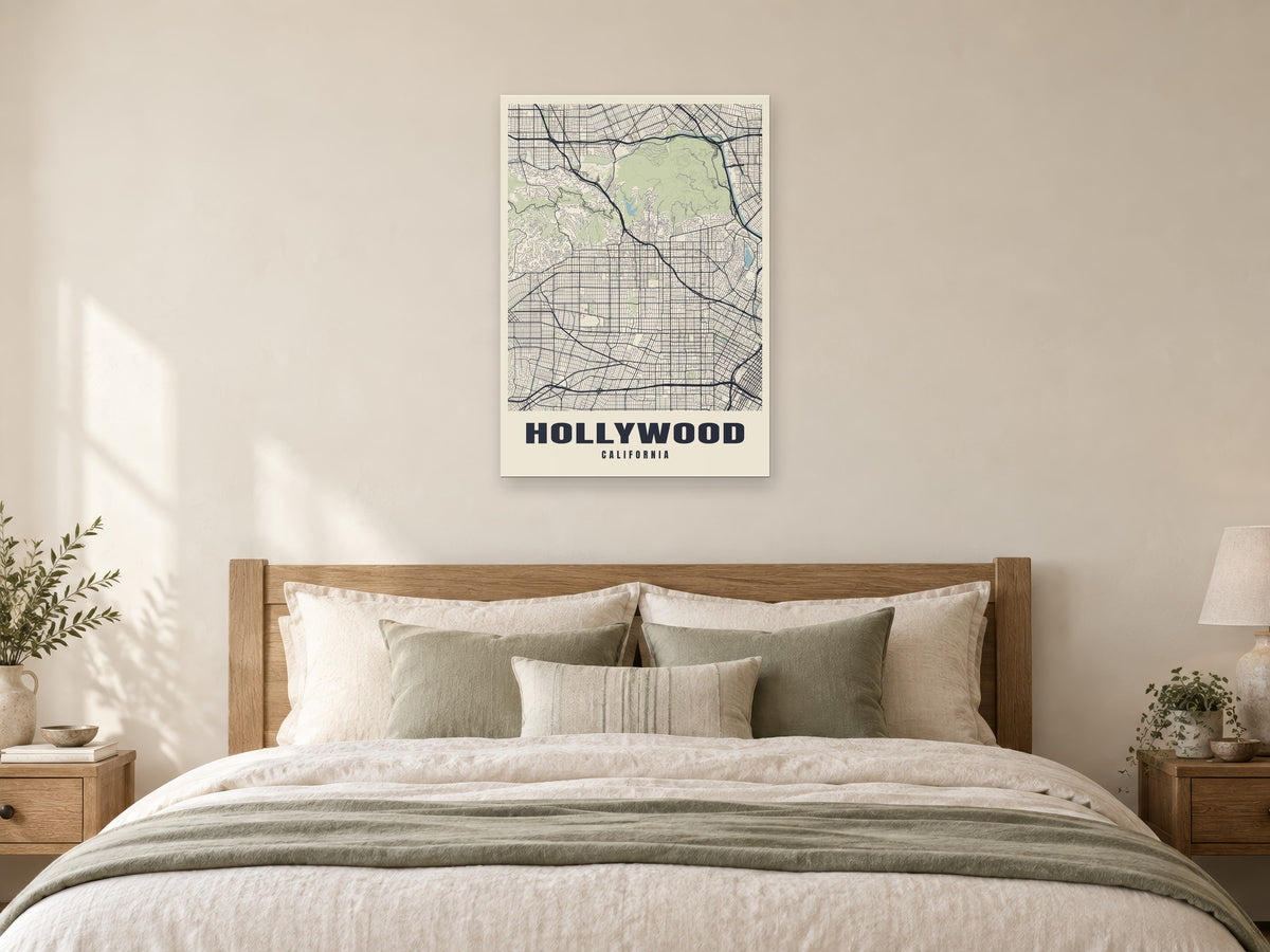 Hollywood Street Map Poster at A1, as a poster, above a bed
