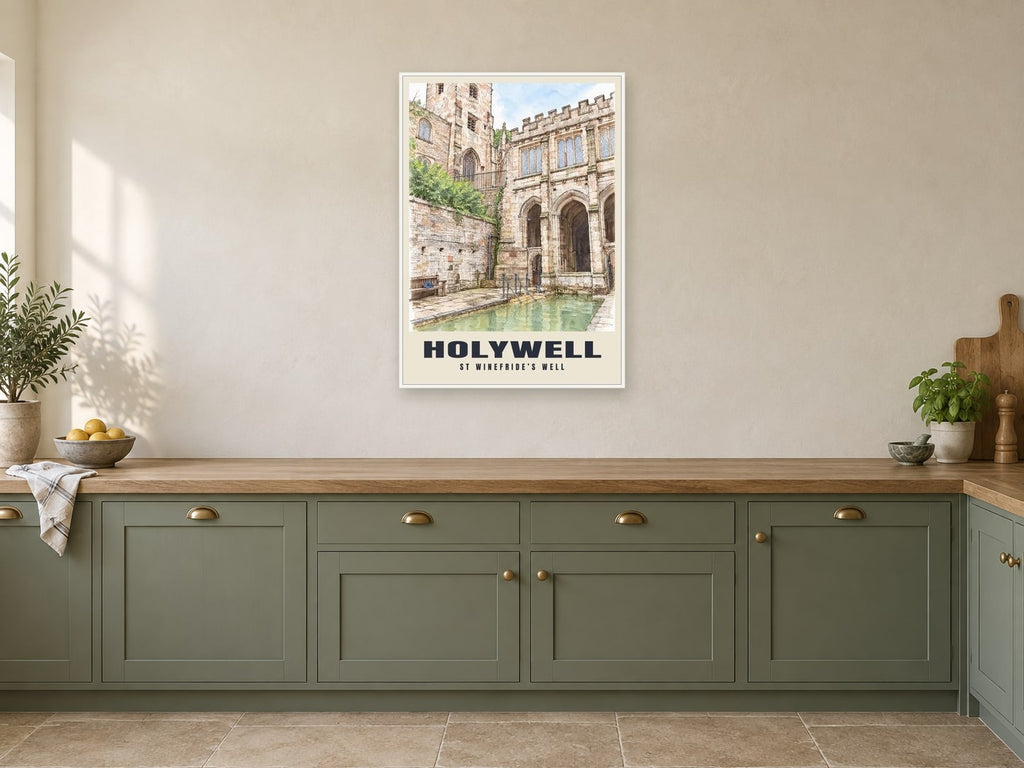 St Winefride’s Well, Holywell Poster at A1, in a white frame, in a kitchen