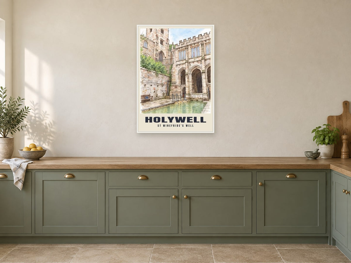 St Winefride’s Well, Holywell Poster at A1, in a white frame, in a kitchen