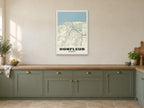 Honfleur Street Map Poster at A1, in a white frame, in a kitchen