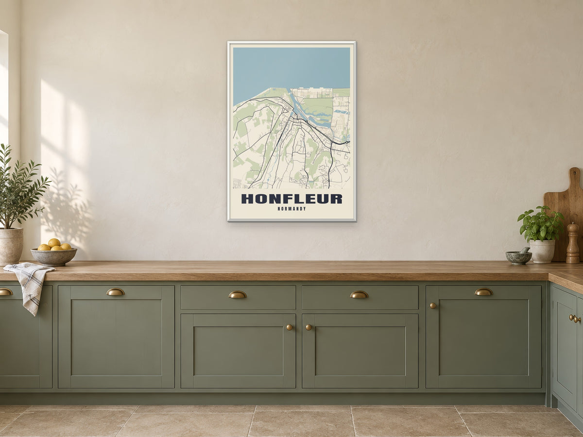 Honfleur Street Map Poster at A1, in a white frame, in a kitchen