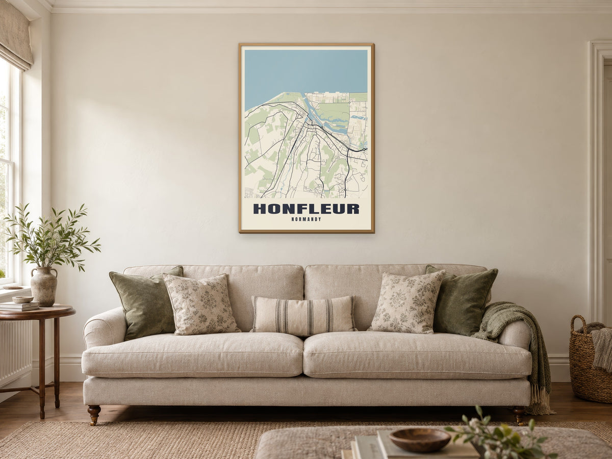 Honfleur Street Map Poster at A1, in a natural wood frame, in a sitting room