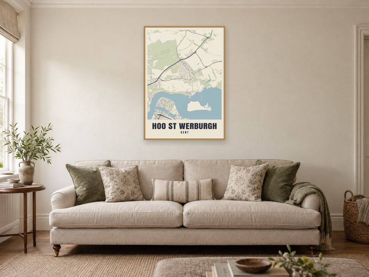 Hoo St Werburgh Street Map Poster at A1, in a natural wood frame, in a sitting room