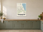 Horden Street Map Poster at A1, in a white frame, in a kitchen