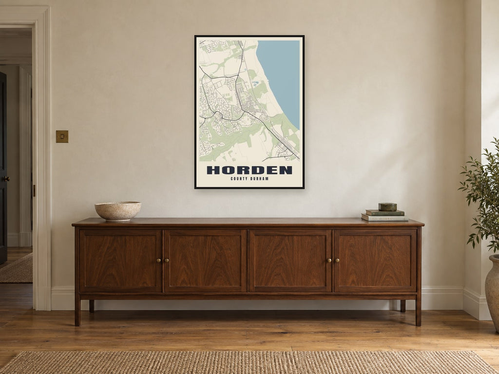 Horden Street Map Poster at A1, in a black frame, above a sideboard