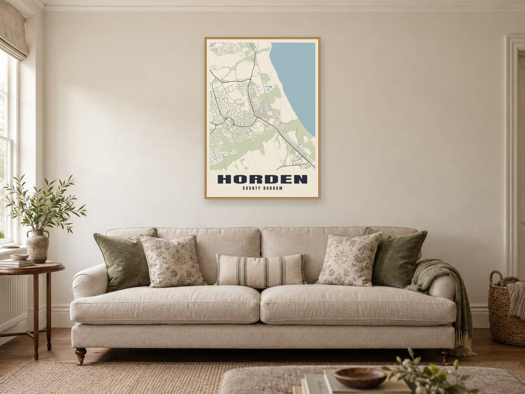 Horden Street Map Poster at A1, in a natural wood frame, in a sitting room