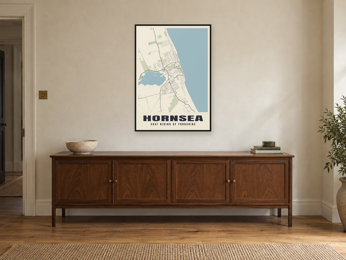 Hornsea Street Map Poster at A1, in a black frame, above a sideboard