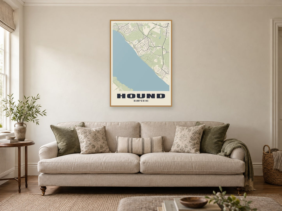 Hound Street Map Poster at A1, in a natural wood frame, in a sitting room