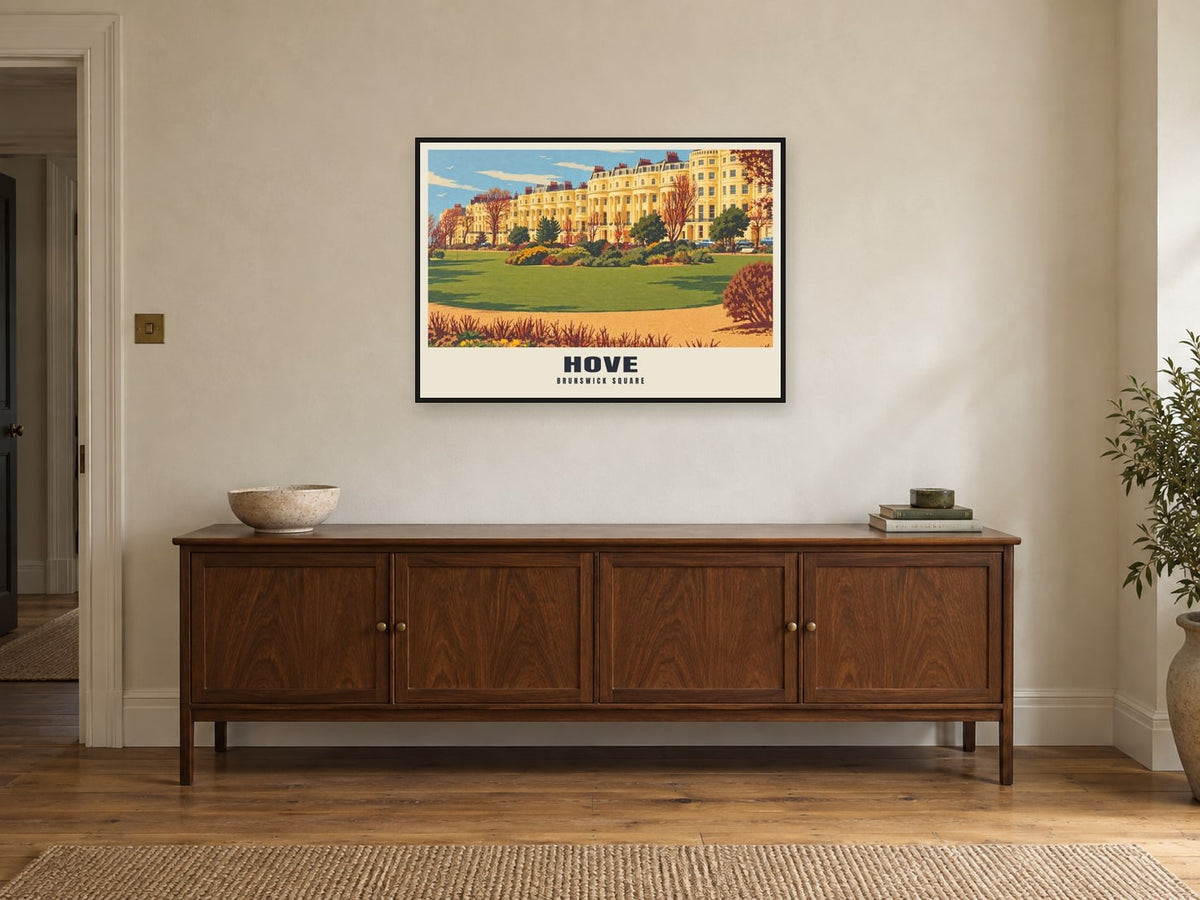 Brunswick Square, Hove Poster at A1, in a black frame, above a sideboard