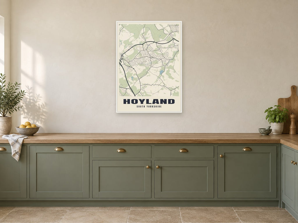 Hoyland Street Map Poster at A1, in a white frame, in a kitchen