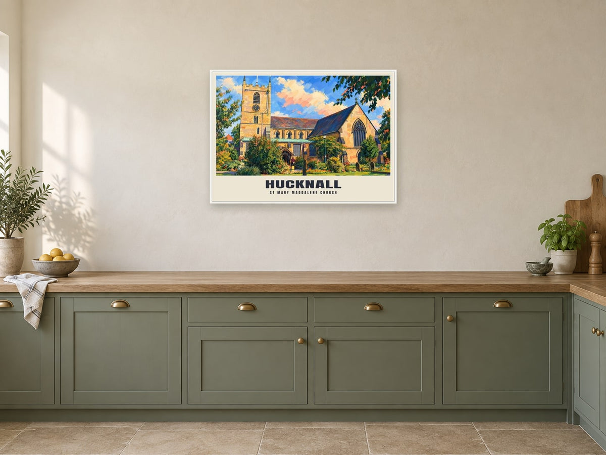 St Mary Magdalene Church, Hucknall Poster at A1, in a white frame, in a kitchen