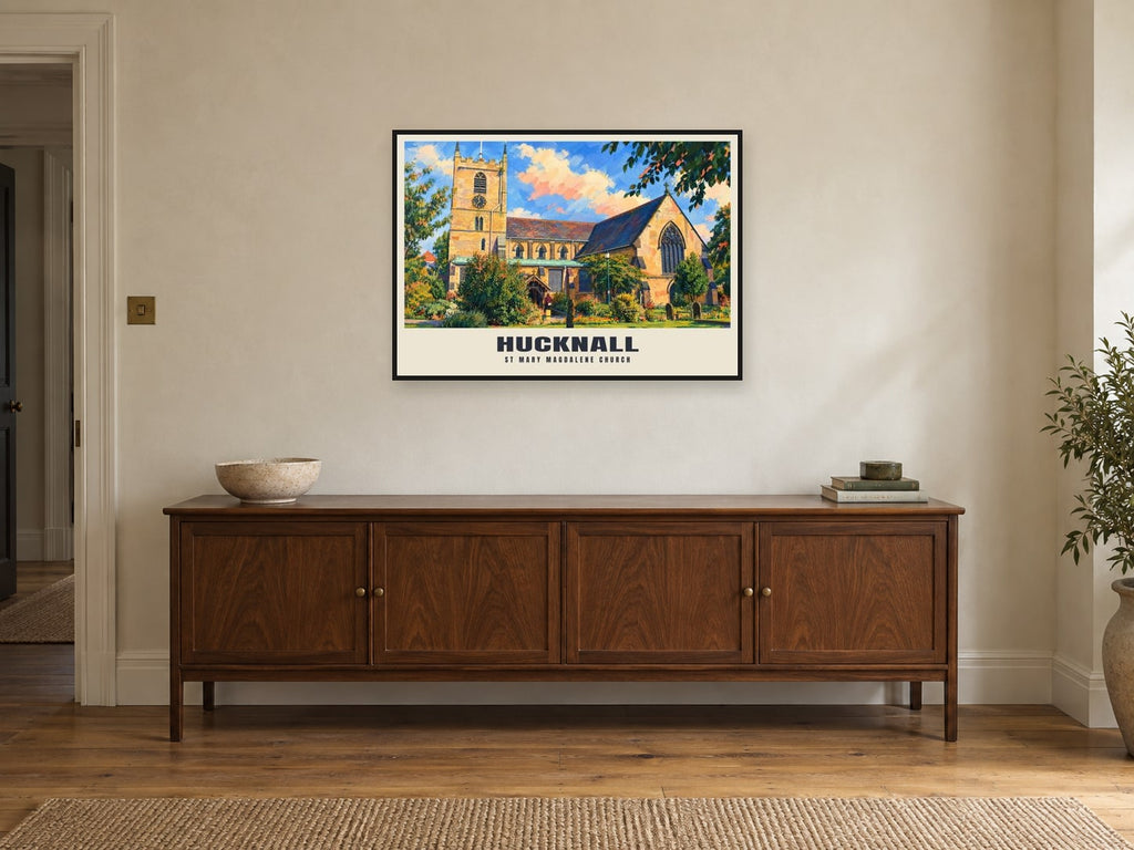 St Mary Magdalene Church, Hucknall Poster at A1, in a black frame, above a sideboard