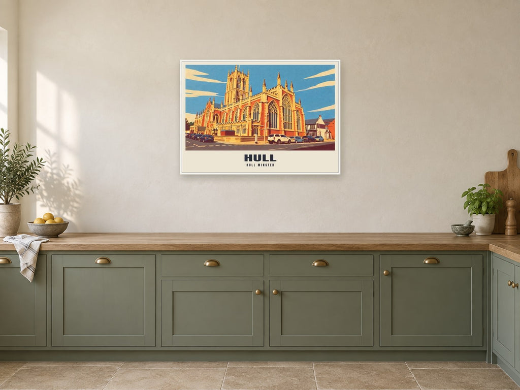 Hull Minster Poster at A1, in a white frame, in a kitchen