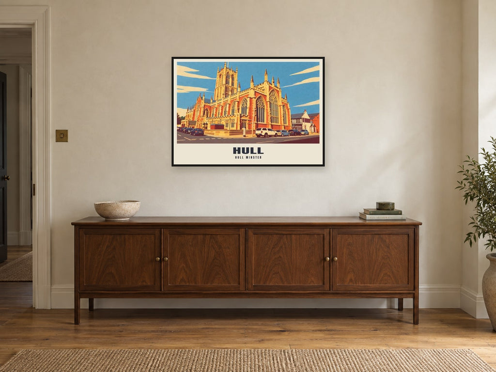 Hull Minster Poster at A1, in a black frame, above a sideboard