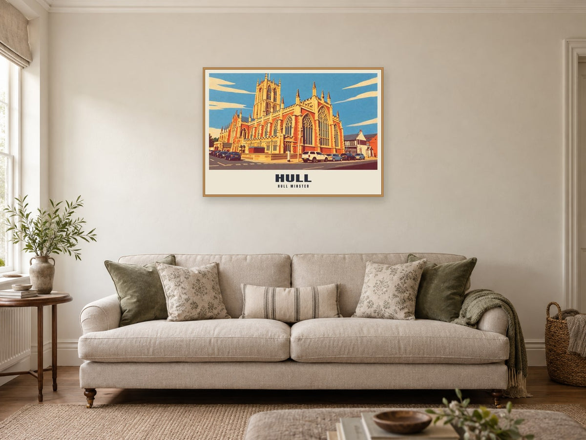 Hull Minster Poster at A1, in a natural wood frame, in a sitting room