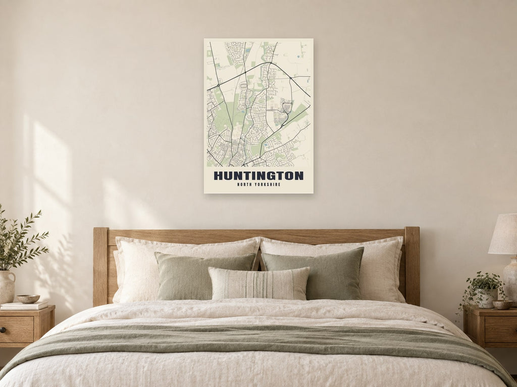 Huntington Street Map Poster at A1, as a poster, above a bed
