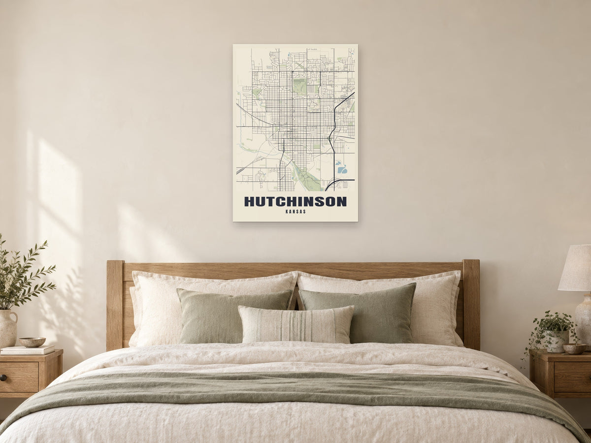 Hutchinson Street Map Poster at A1, as a poster, above a bed