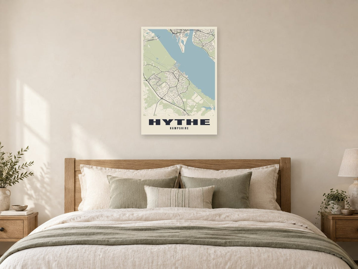 Hythe Street Map Poster at A1, as a poster, above a bed