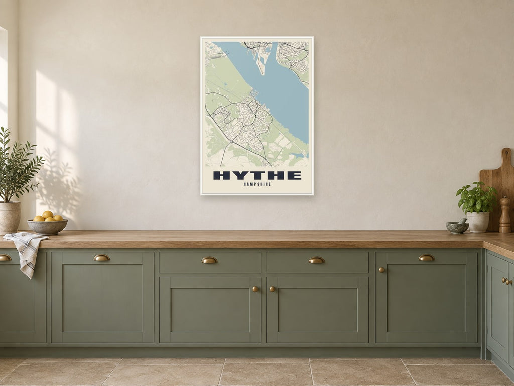 Hythe Street Map Poster at A1, in a white frame, in a kitchen