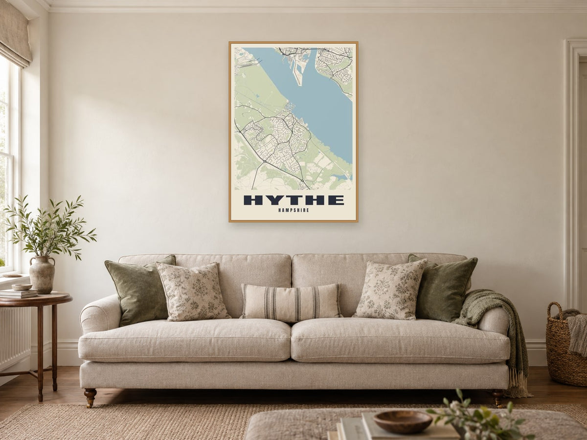 Hythe Street Map Poster at A1, in a natural wood frame, in a sitting room