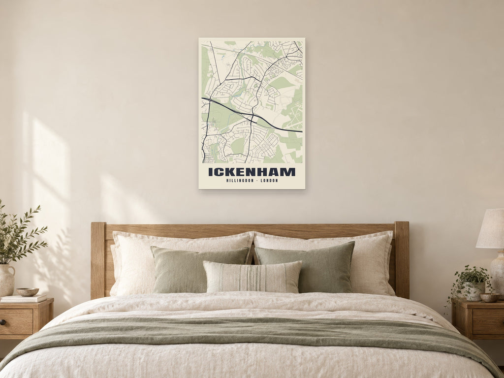 Ickenham Heritage Street Map Poster at A1, as a poster, above a bed