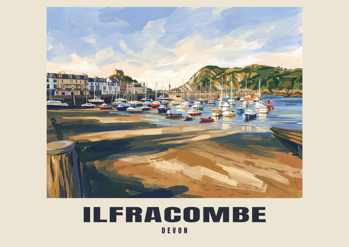 Ilfracombe Gouache art print with ILFRACOMBE and DEVON name band