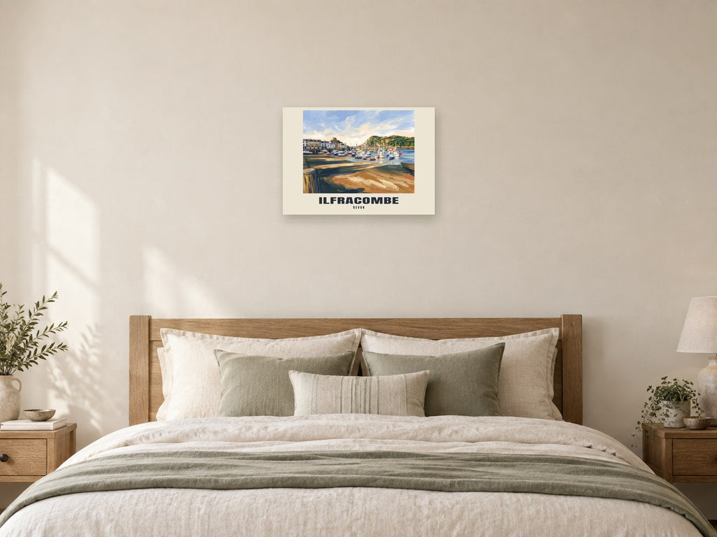 Ilfracombe named Gouache print at A2, as a poster, above a bed