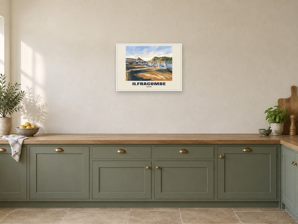 Ilfracombe named Gouache print at A2, in a white frame, in a kitchen