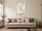 Ilkeston Street Map Poster at A1, in a natural wood frame, in a sitting room
