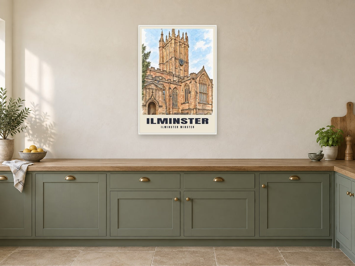 Ilminster Minster Poster at A1, in a white frame, in a kitchen