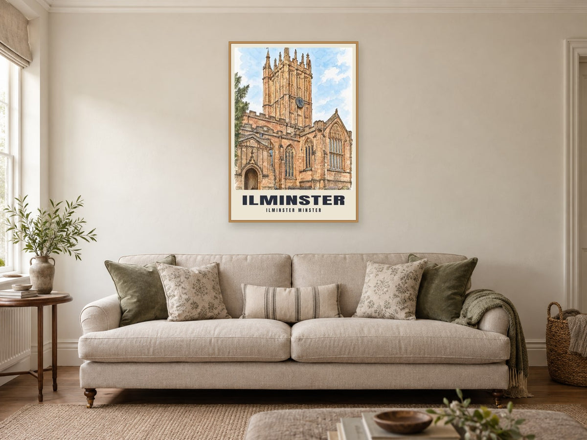 Ilminster Minster Poster at A1, in a natural wood frame, in a sitting room
