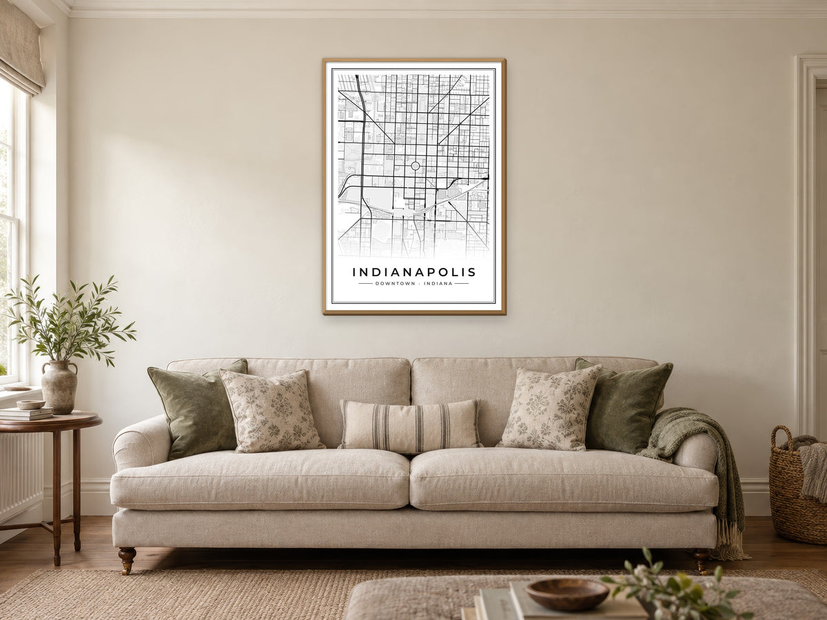 Indianapolis Downtown Street Map Poster at A1, in a natural wood frame, in a sitting room