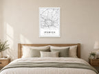 Ipswich Town Centre Street Map Poster at A1, as a poster, above a bed