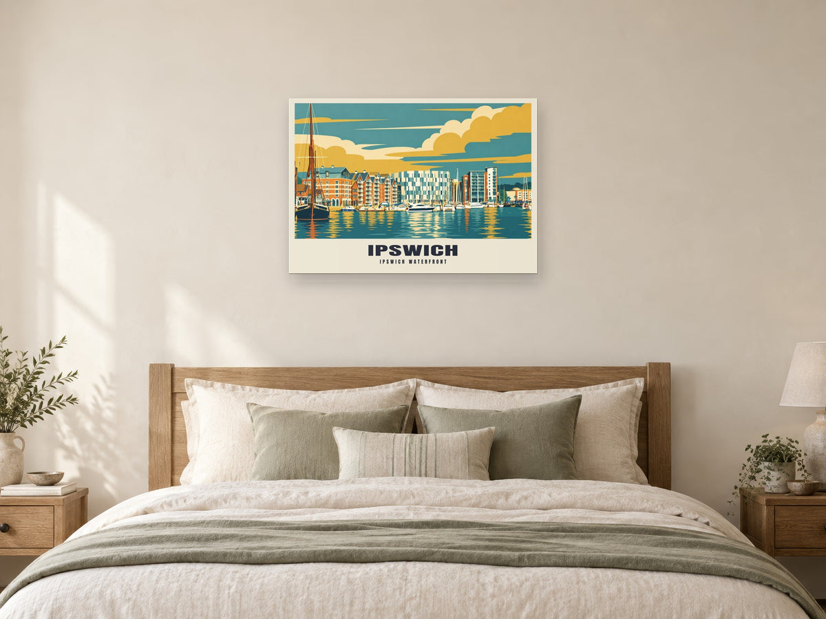 Ipswich Waterfront Poster at A1, as a poster, above a bed