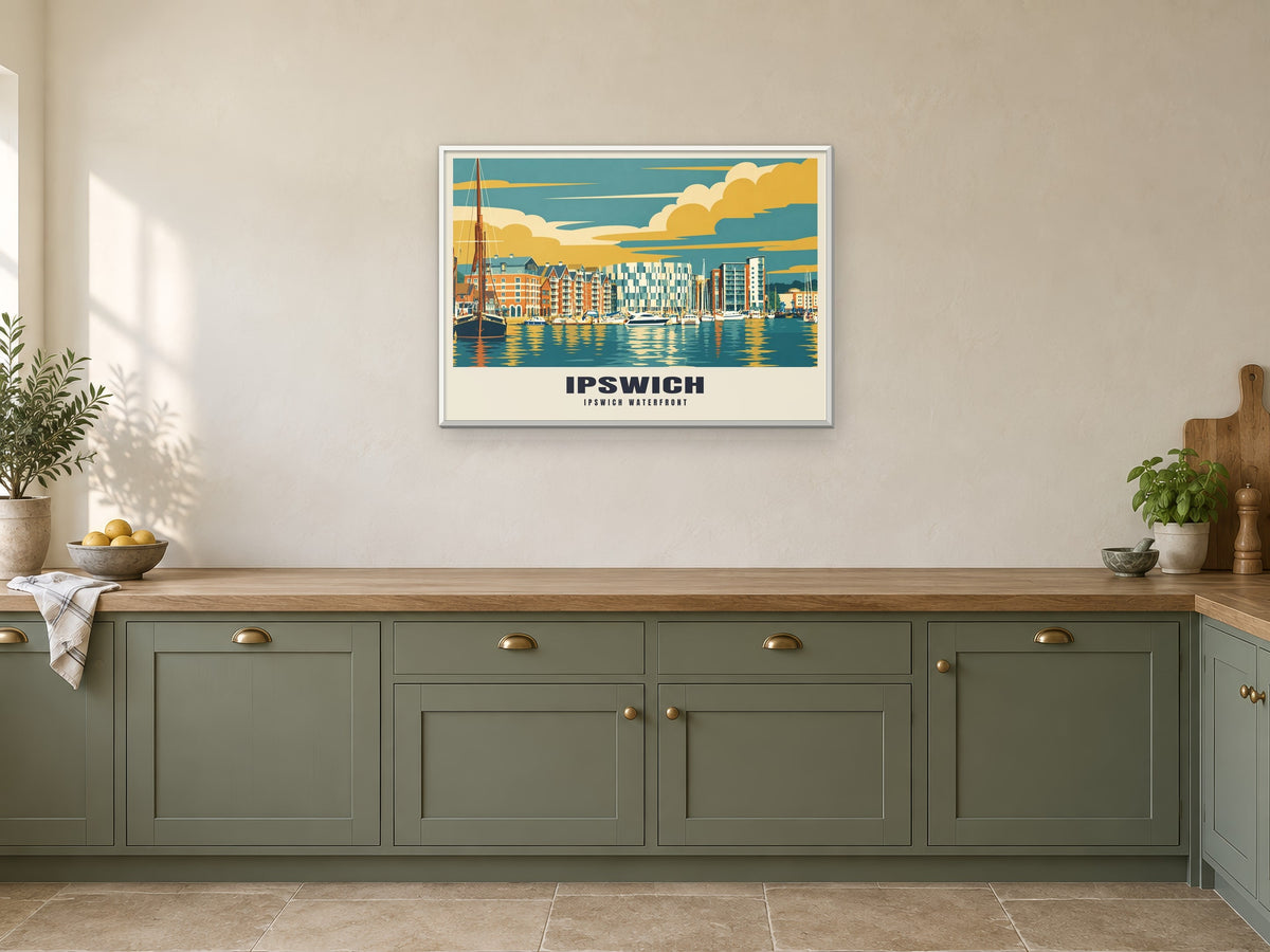 Ipswich Waterfront Poster at A1, in a white frame, in a kitchen