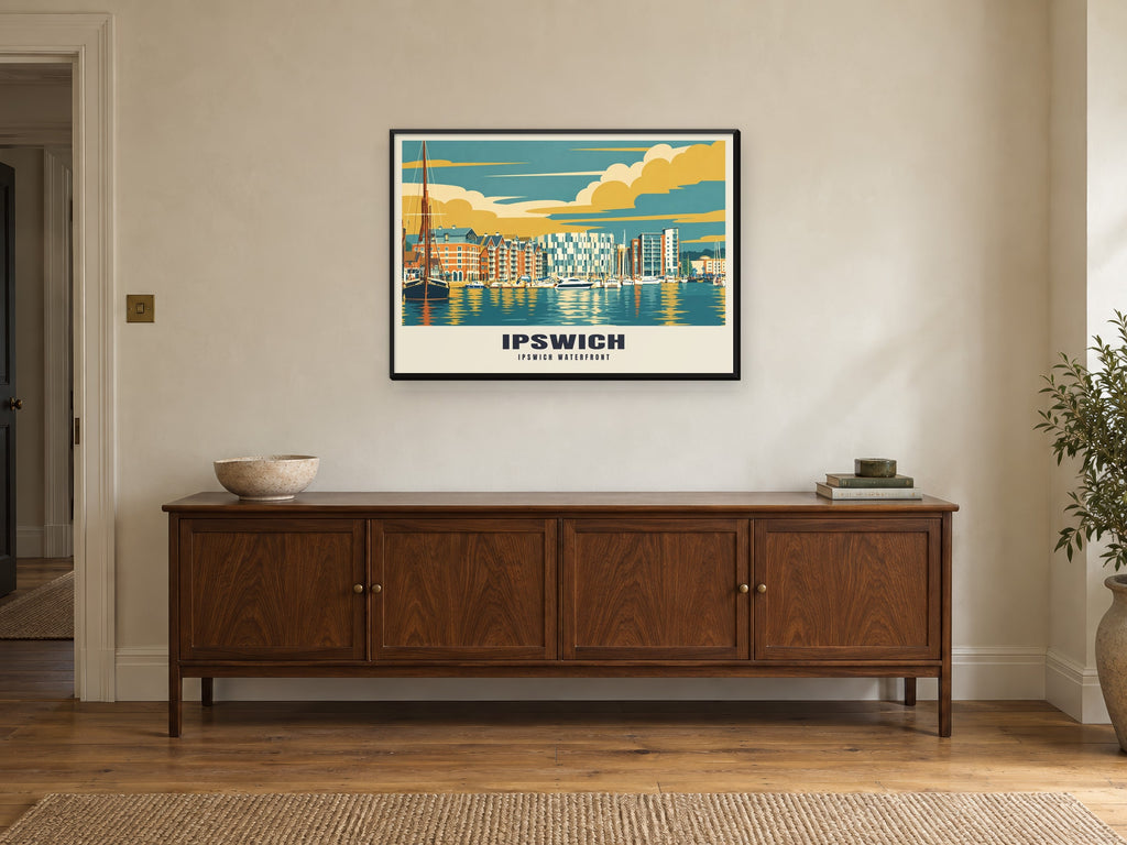 Ipswich Waterfront Poster at A1, in a black frame, above a sideboard