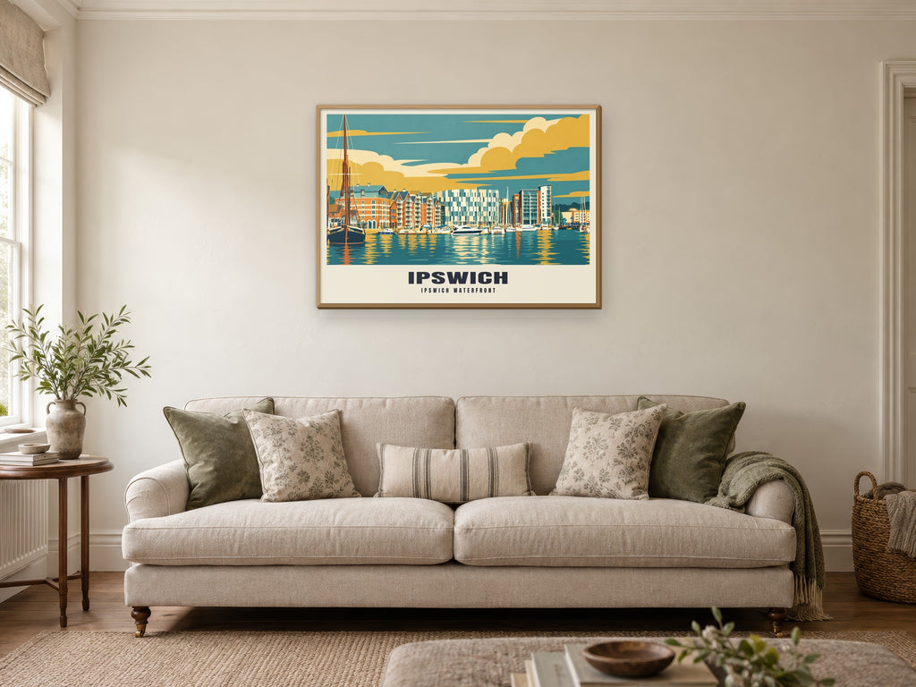 Ipswich Waterfront Poster at A1, in a natural wood frame, in a sitting room