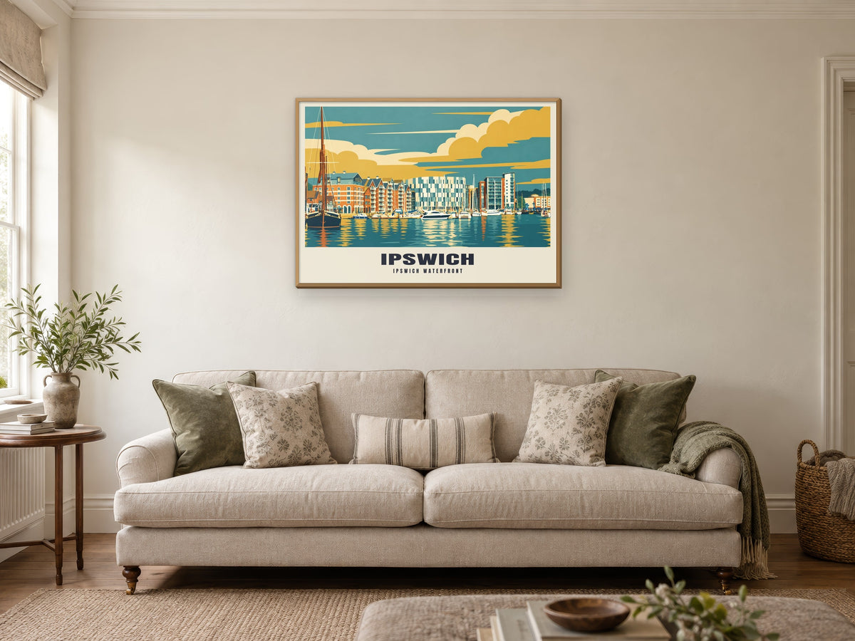 Ipswich Waterfront Poster at A1, in a natural wood frame, in a sitting room