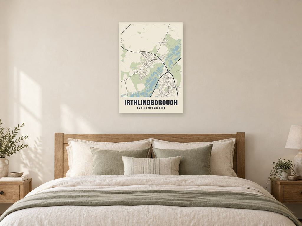 Irthlingborough Street Map Poster at A1, as a poster, above a bed