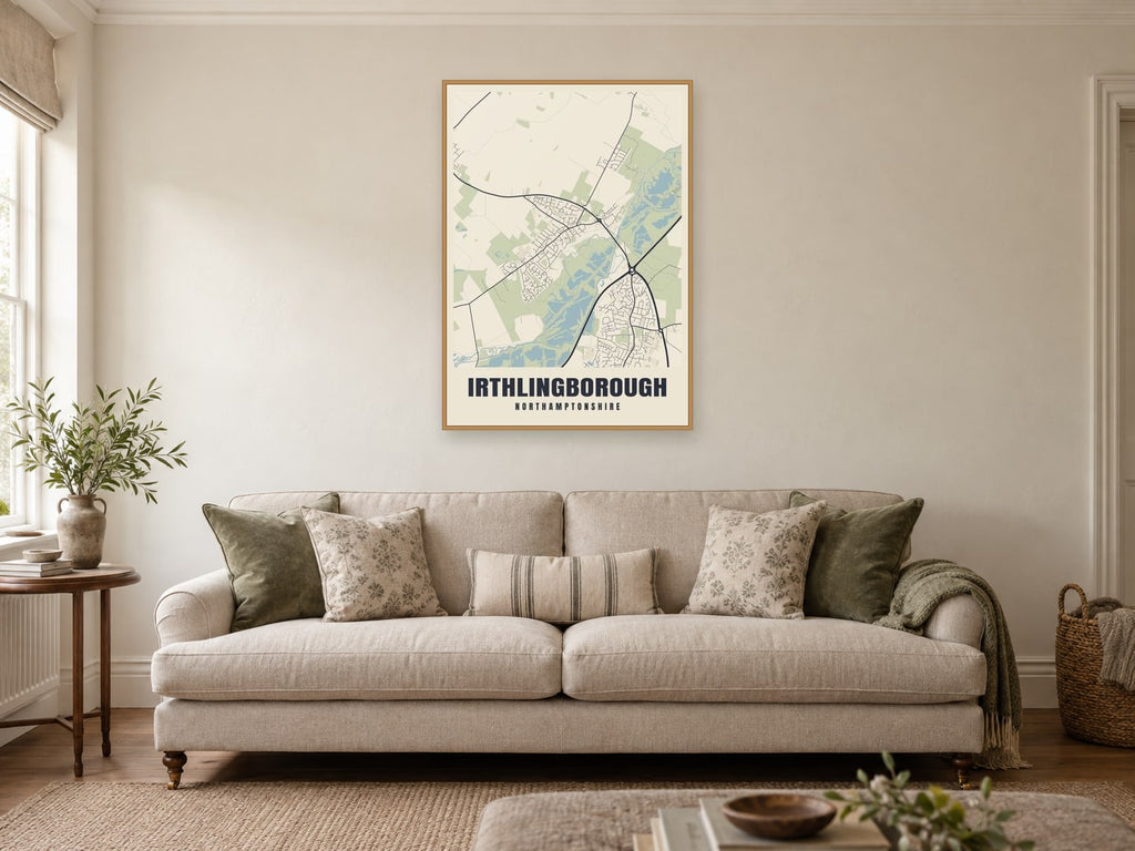 Irthlingborough Street Map Poster at A1, in a natural wood frame, in a sitting room